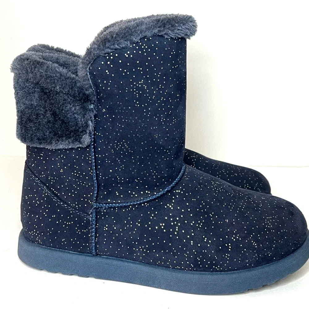 Roebuck & Co Girls Pull On Glitter Faux Fur Lined Winter Boots Sz 5